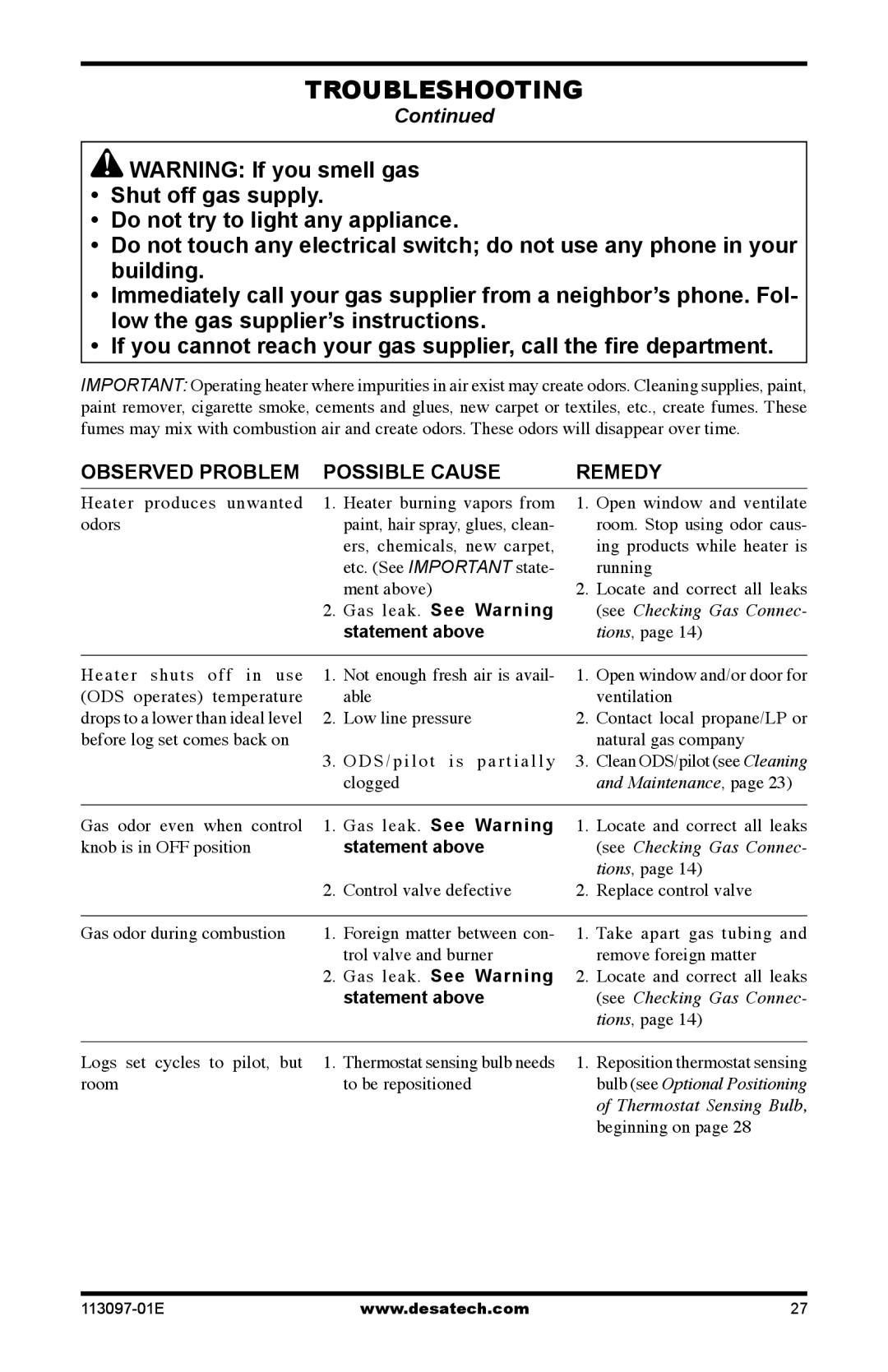 Desa RL2718PA/NA, CRL3124PA/NA, CCL3018PA/NA, CCL3930PTB/NTB, CCL3924PTA/NTA Gas leak. See Warning, Statement above 