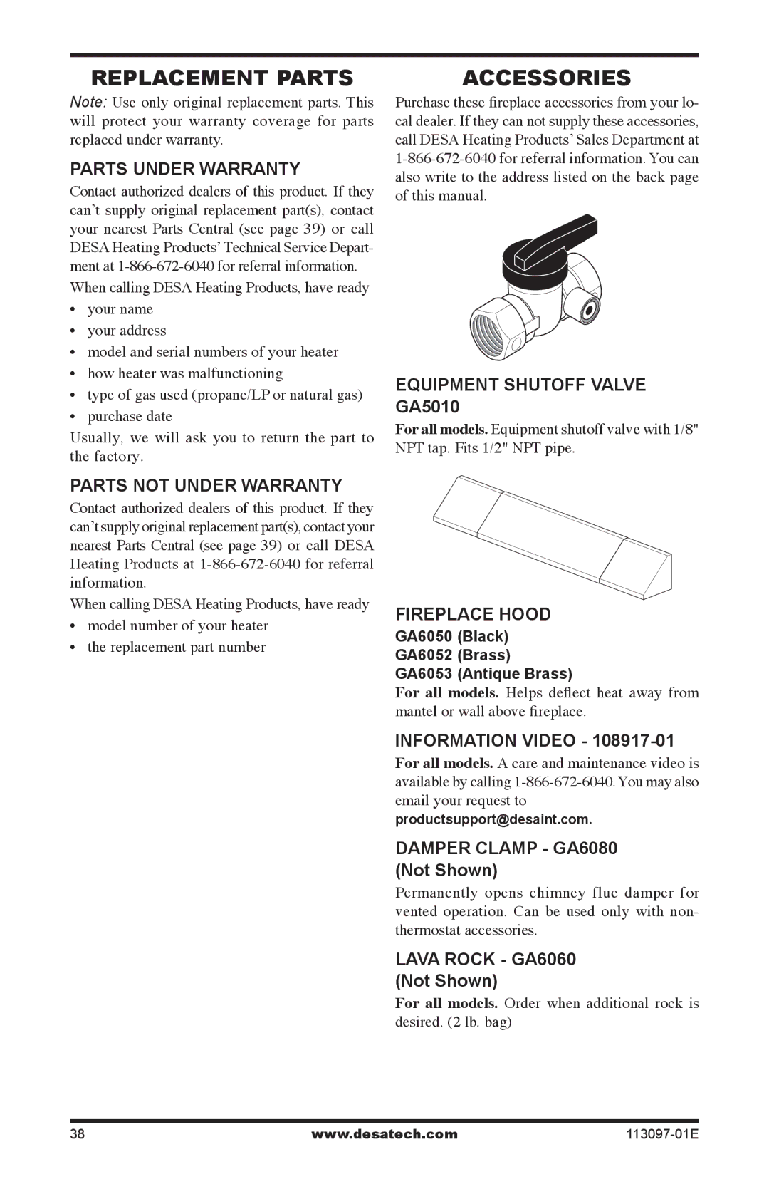 Desa CCL3924PTA/NTA, CRL3124PA/NA Replacement Parts, Accessories, Equipment Shutoff Valve GA5010, Fireplace Hood 