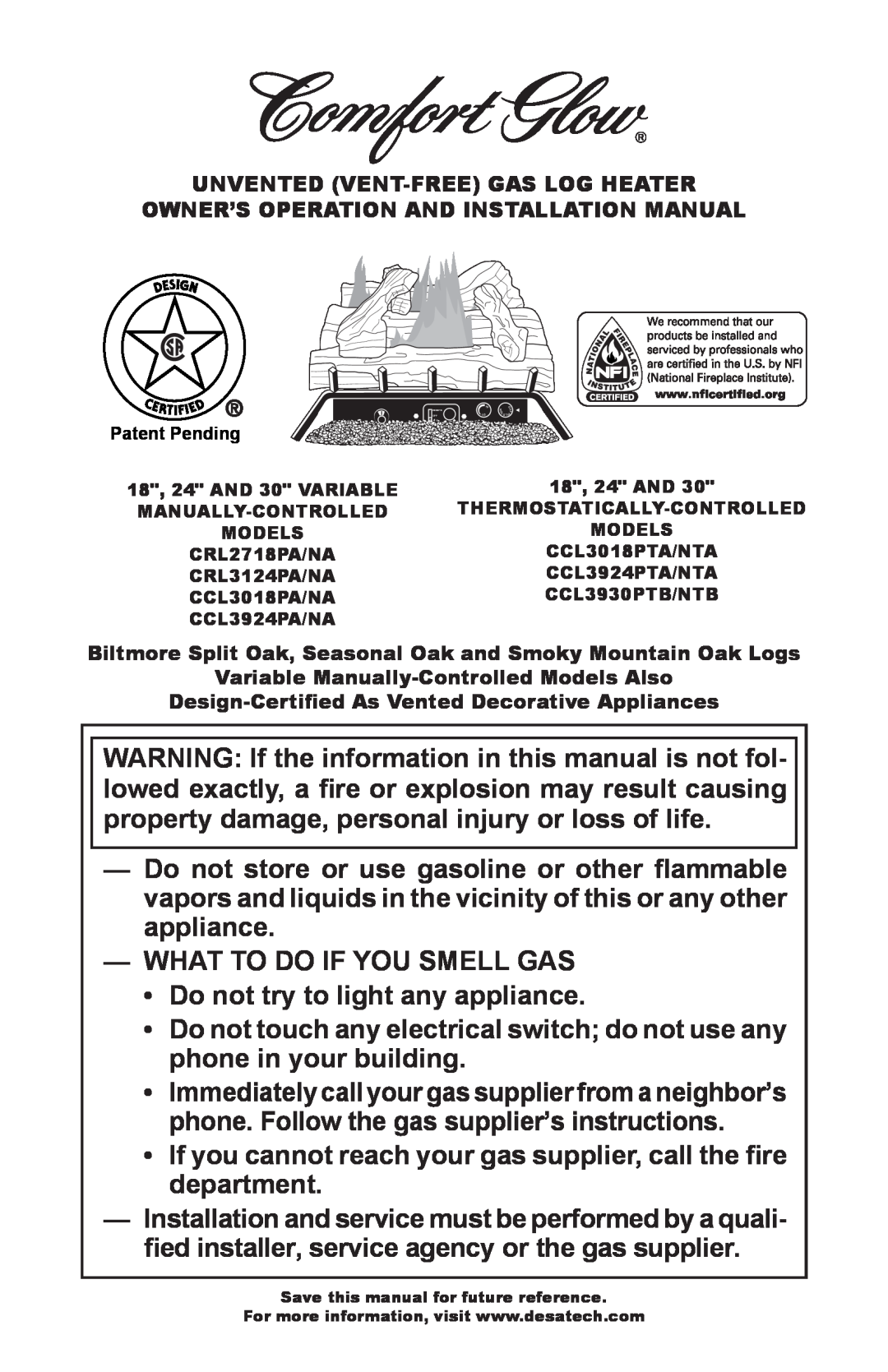 Desa CCL3018PA/NA, CRL3124PA/NA, CCL3930PTB/NTB, CCL3924PTA/NTA, CCL3924PA/NA installation manual What To Do If You Smell Gas 