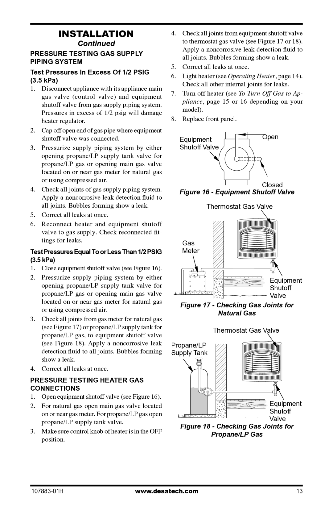 Desa CRN30 Test Pressures In Excess Of 1/2 Psig 3.5 kPa, Test Pressures Equal To or Less Than 1/2 Psig 3.5 kPa 