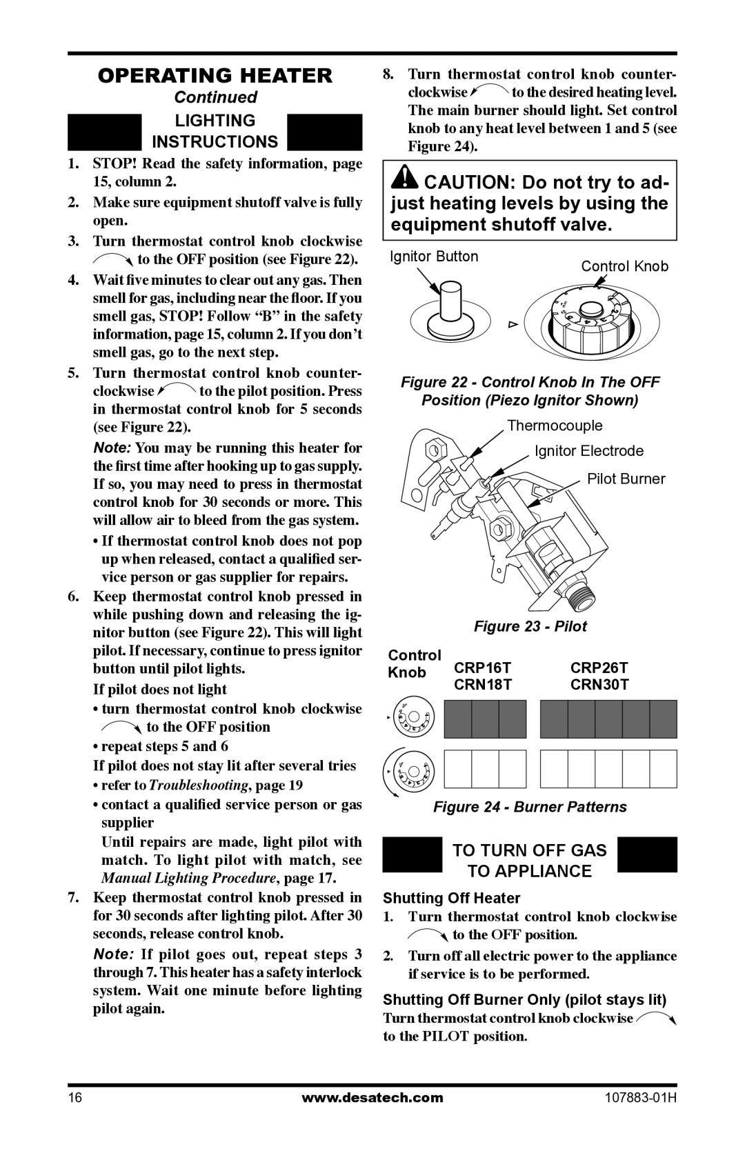 Desa CRN30 installation manual Ignitor Button Control Knob, Control Knob CRP16T CRP26T 