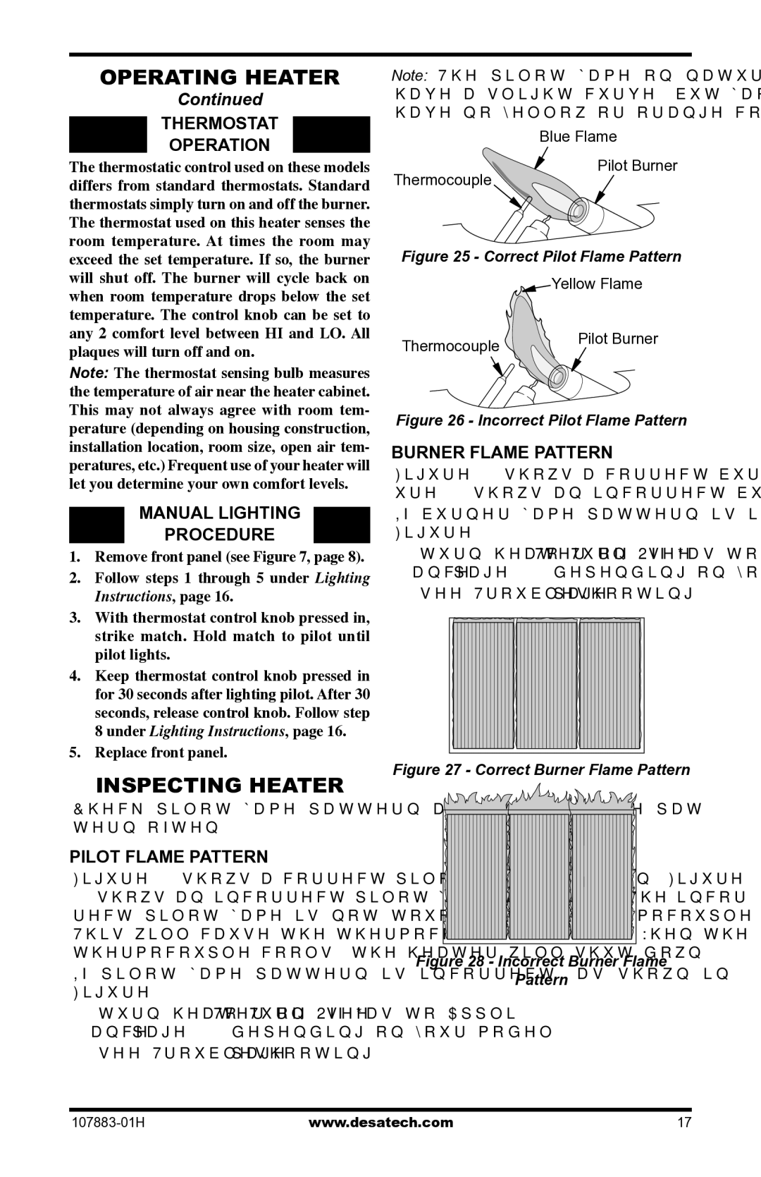 Desa CRN30 installation manual Inspecting Heater, Thermostat Operation, Pilot Flame Pattern, Burner Flame Pattern 