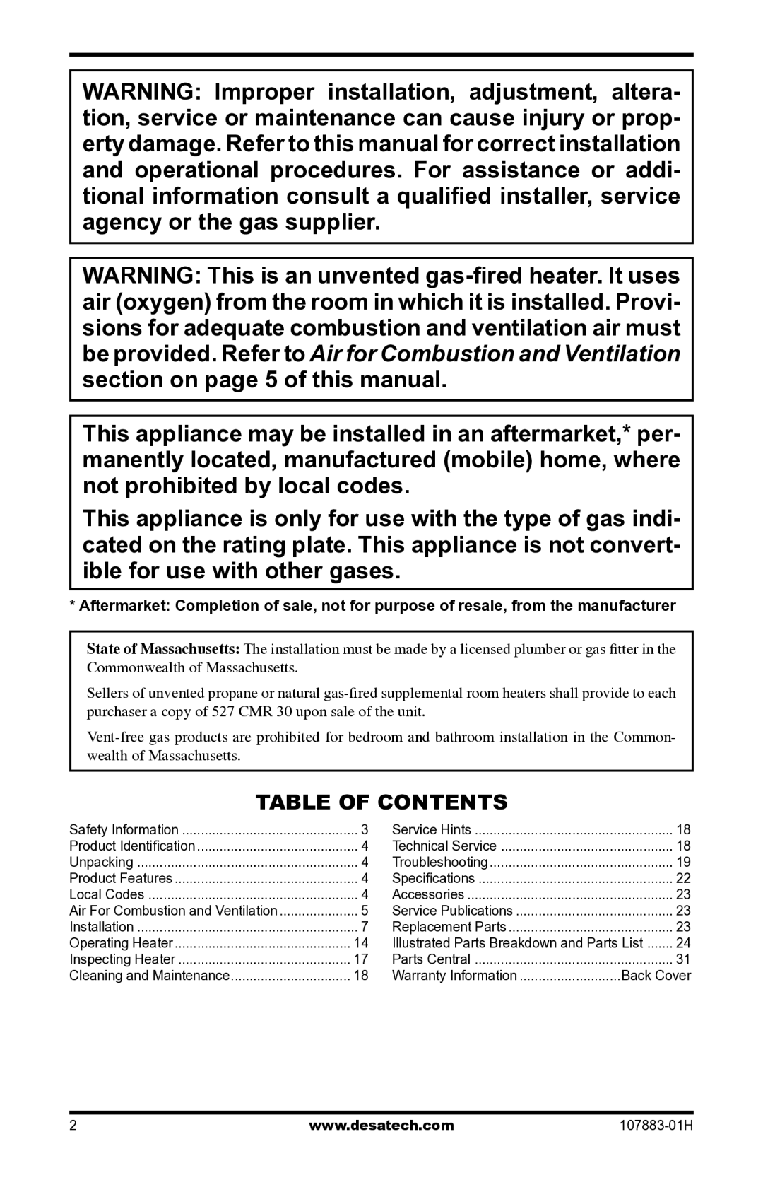 Desa CRN30 installation manual Table of Contents 