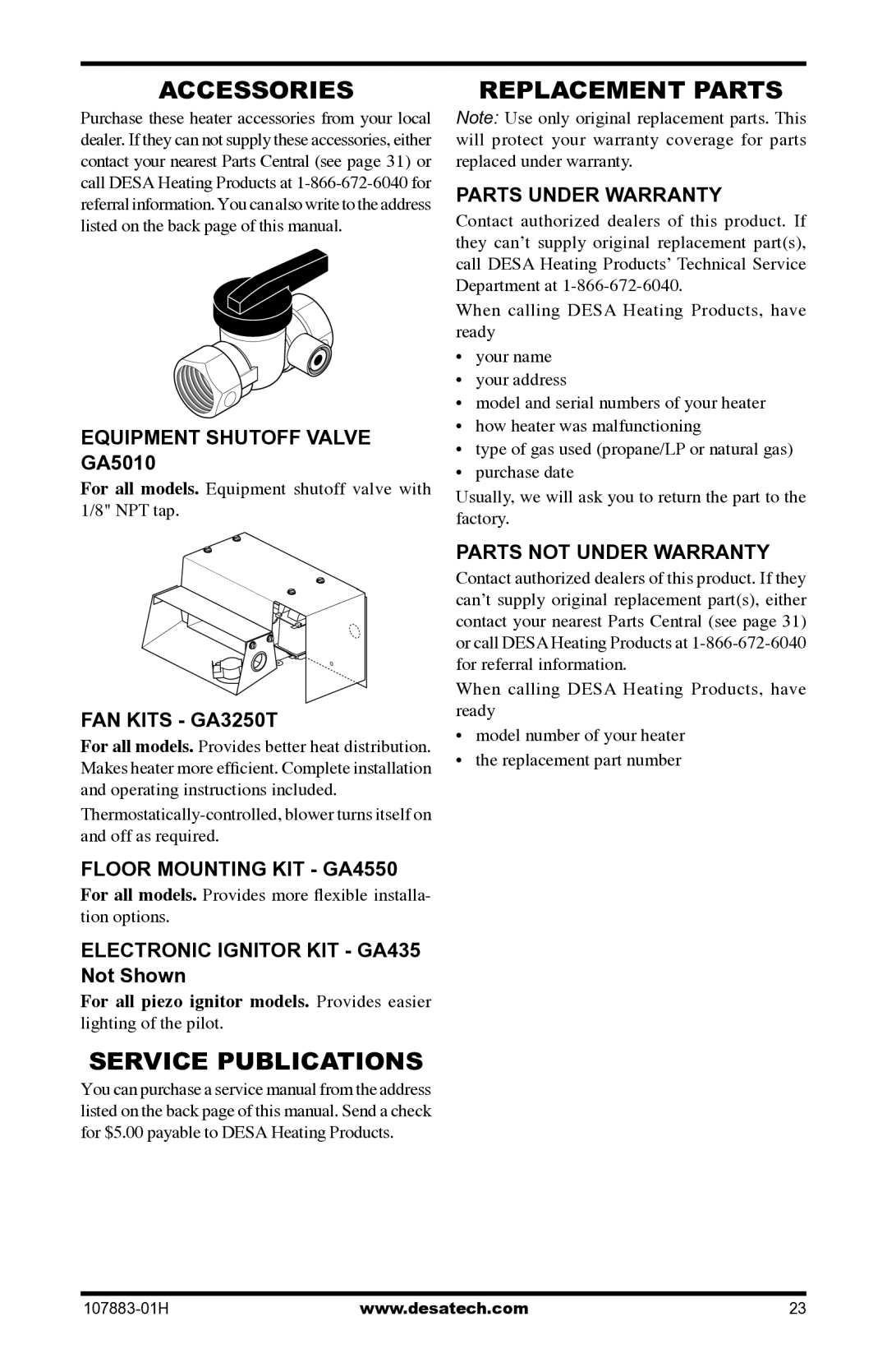 Desa CRN30 installation manual Accessories, Replacement Parts, Service Publications 