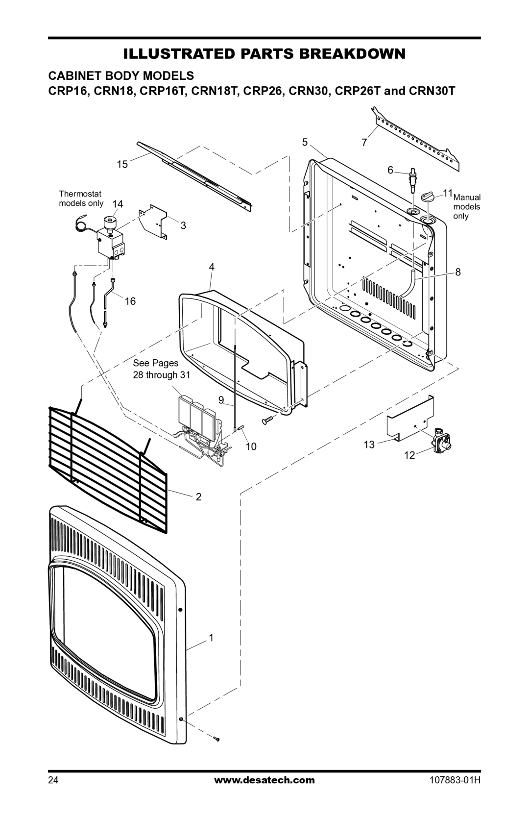 Desa CRN30 installation manual Illustrated Parts Breakdown, Cabinet Body Models 