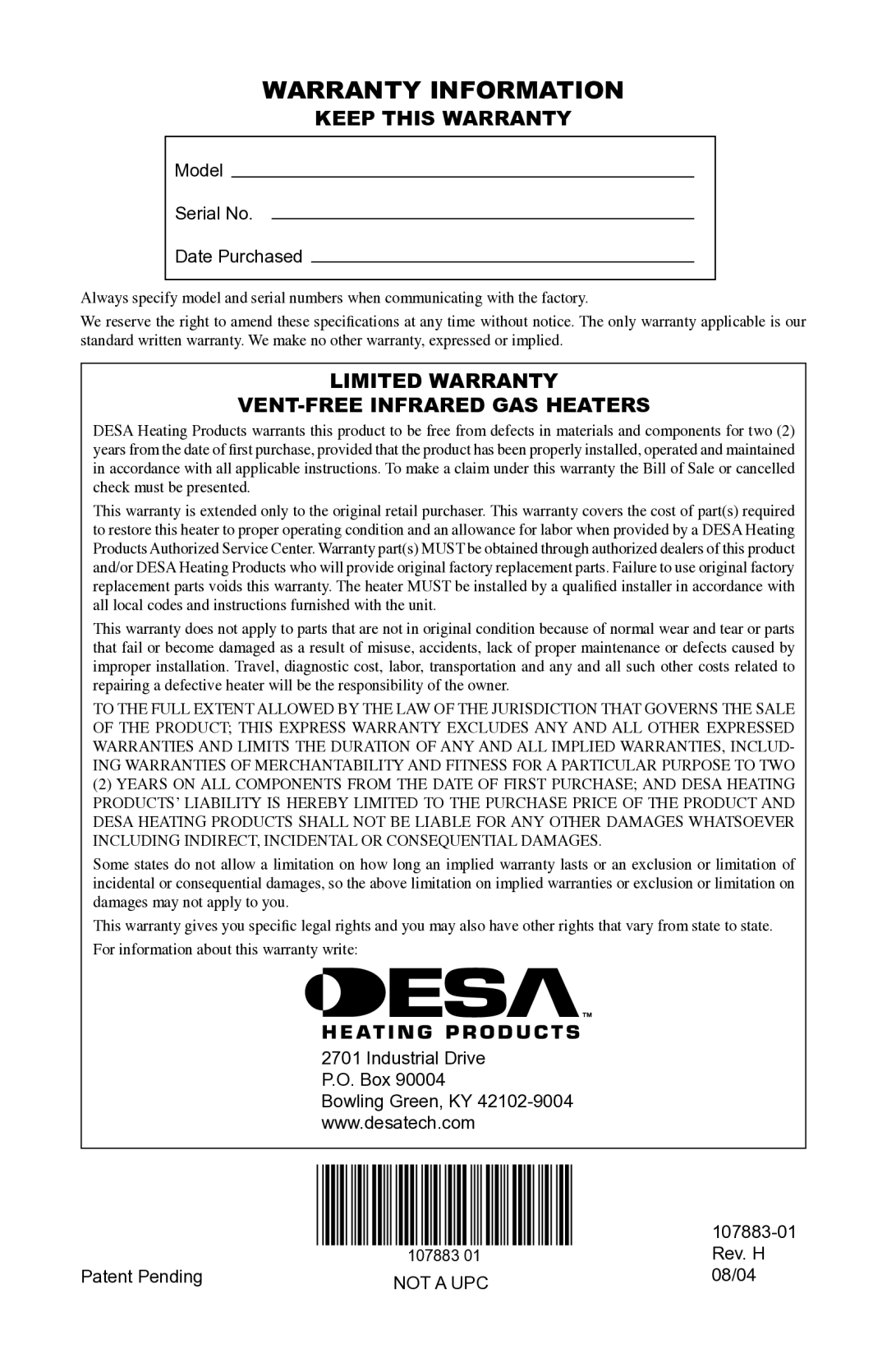 Desa CRN30 installation manual Warranty Information, Keep this Warranty, Limited Warranty VENT-FREE Infrared GAS Heaters 