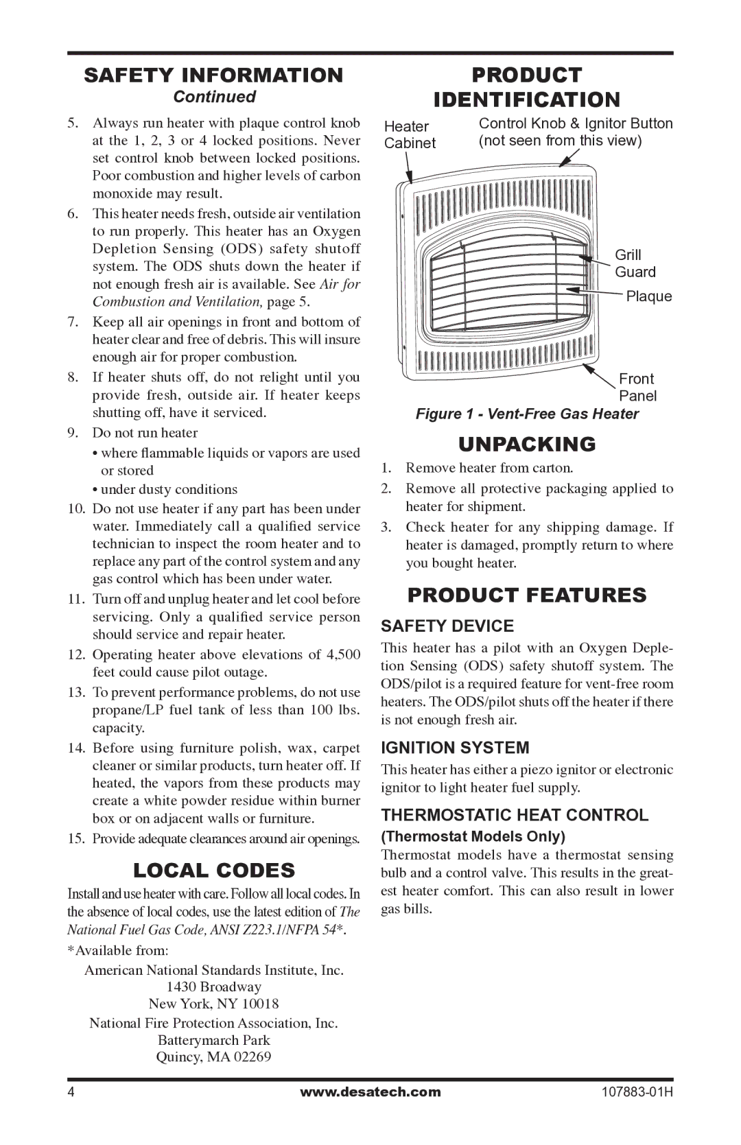 Desa CRN30 installation manual Local Codes, Unpacking, Product Features 