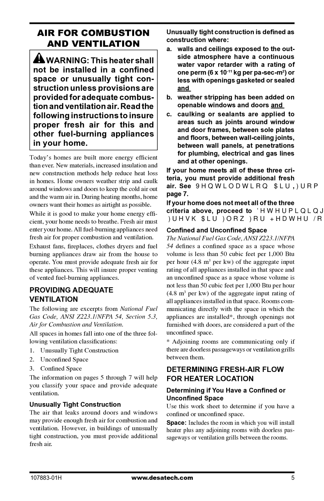 Desa CRN30 AIR for Combustion Ventilation, Providing Adequate Ventilation, Determining FRESH-AIR Flow for Heater Location 