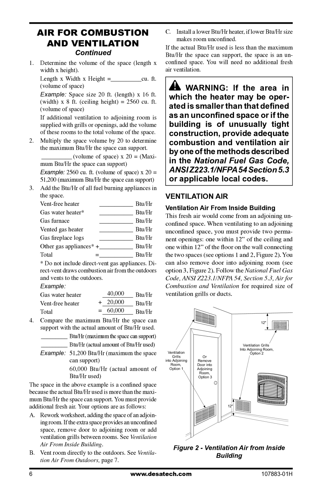 Desa CRN30 installation manual Ventilation AIR, Ventilation Air From Inside Building 