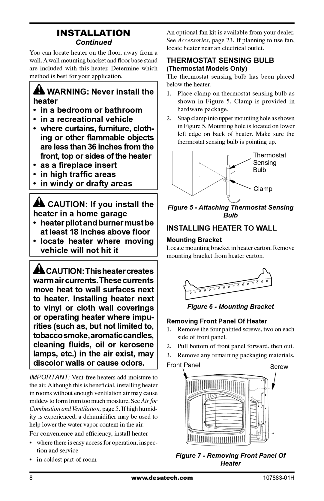 Desa CRN30 installation manual Thermostat Sensing Bulb, Installing Heater to Wall, Thermostat Models Only, Mounting Bracket 