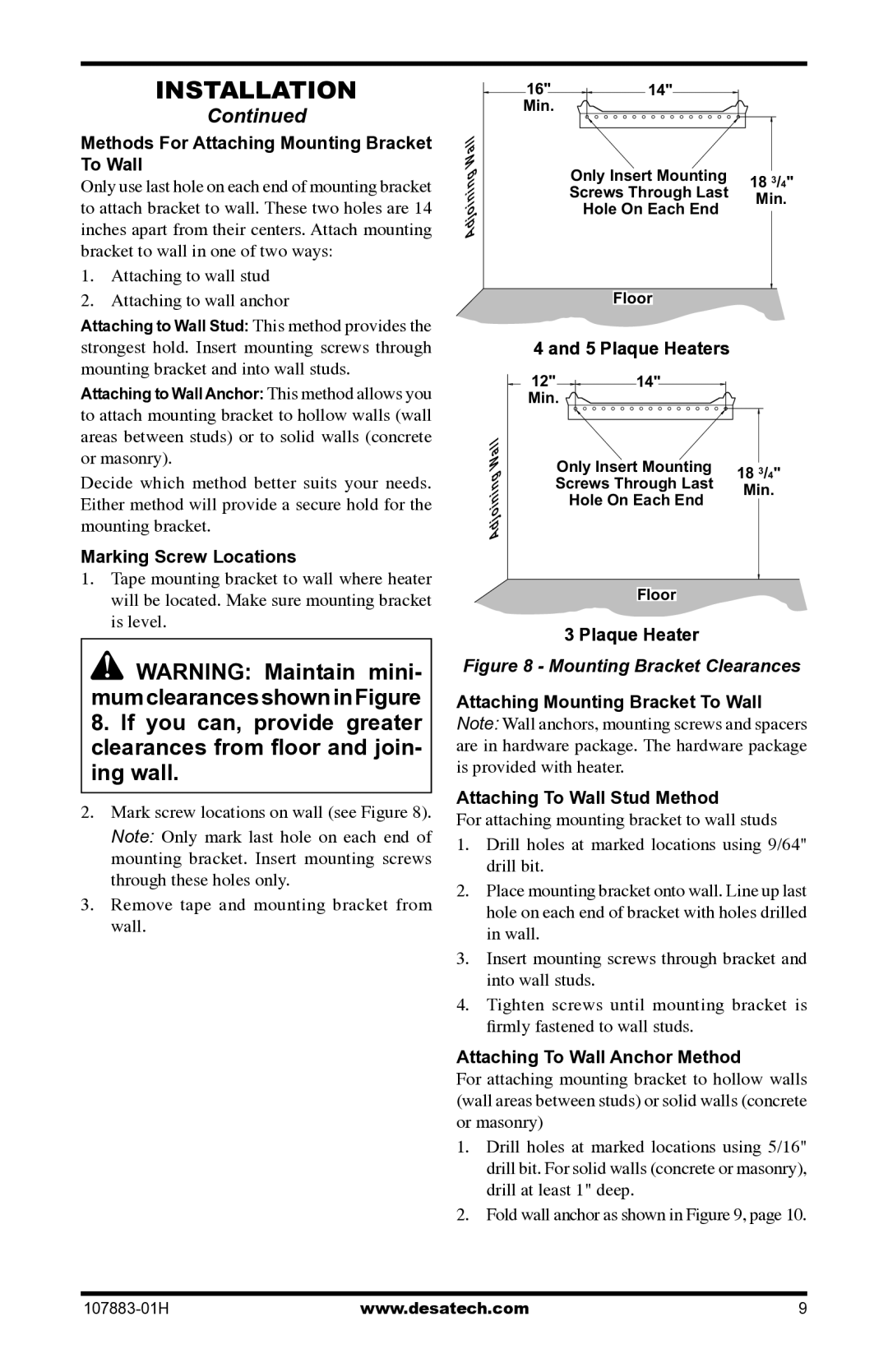 Desa CRN30 installation manual Methods For Attaching Mounting Bracket To Wall, Marking Screw Locations, Plaque Heater 