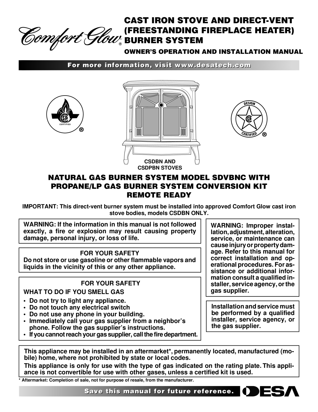 Desa CSDBN, CSDPBN installation manual OWNER’S Operation and Installation Manual, For Your Safety 