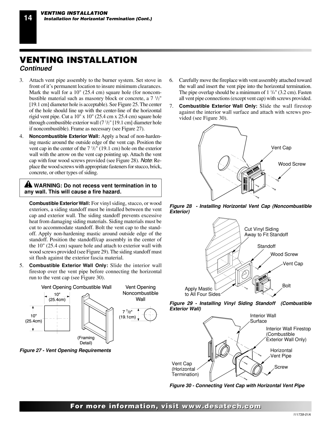 Desa CSDPBN, CSDBN installation manual Installing Horizontal Vent Cap Noncombustible Exterior 