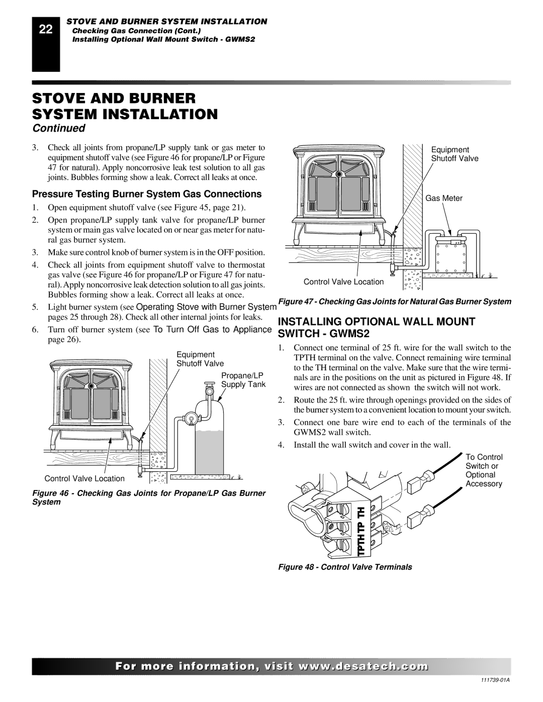 Desa CSDPBN, CSDBN Installing Optional Wall Mount Switch GWMS2, Pressure Testing Burner System Gas Connections 