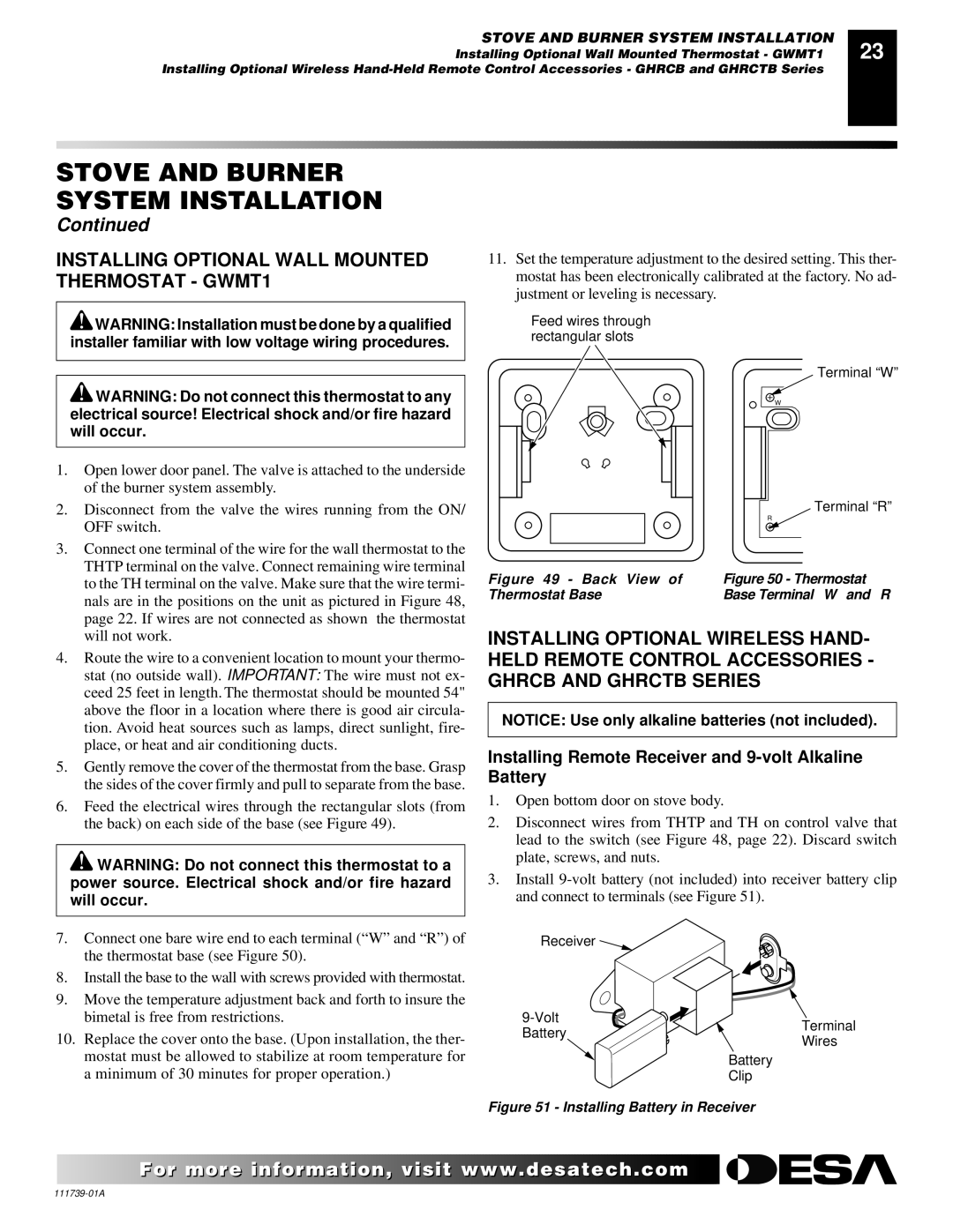 Desa CSDBN Installing Optional Wall Mounted Thermostat GWMT1, Installing Remote Receiver and 9-volt Alkaline Battery 