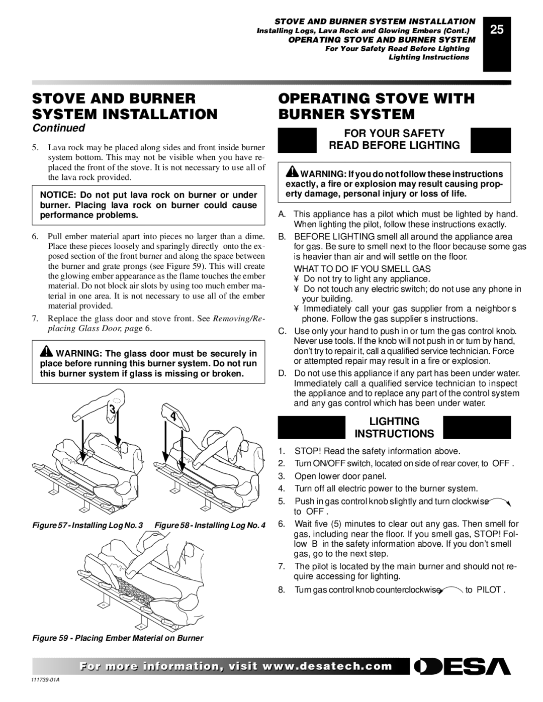 Desa CSDBN, CSDPBN Operating Stove with Burner System, For Your Safety Read Before Lighting, Lighting Instructions 