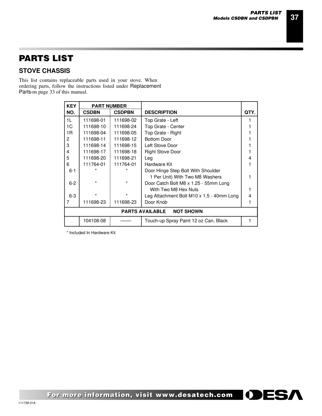 Desa CSDBN, CSDPBN installation manual Stove Chassis, KEY Part Number Csdbn Csdpbn Description QTY 