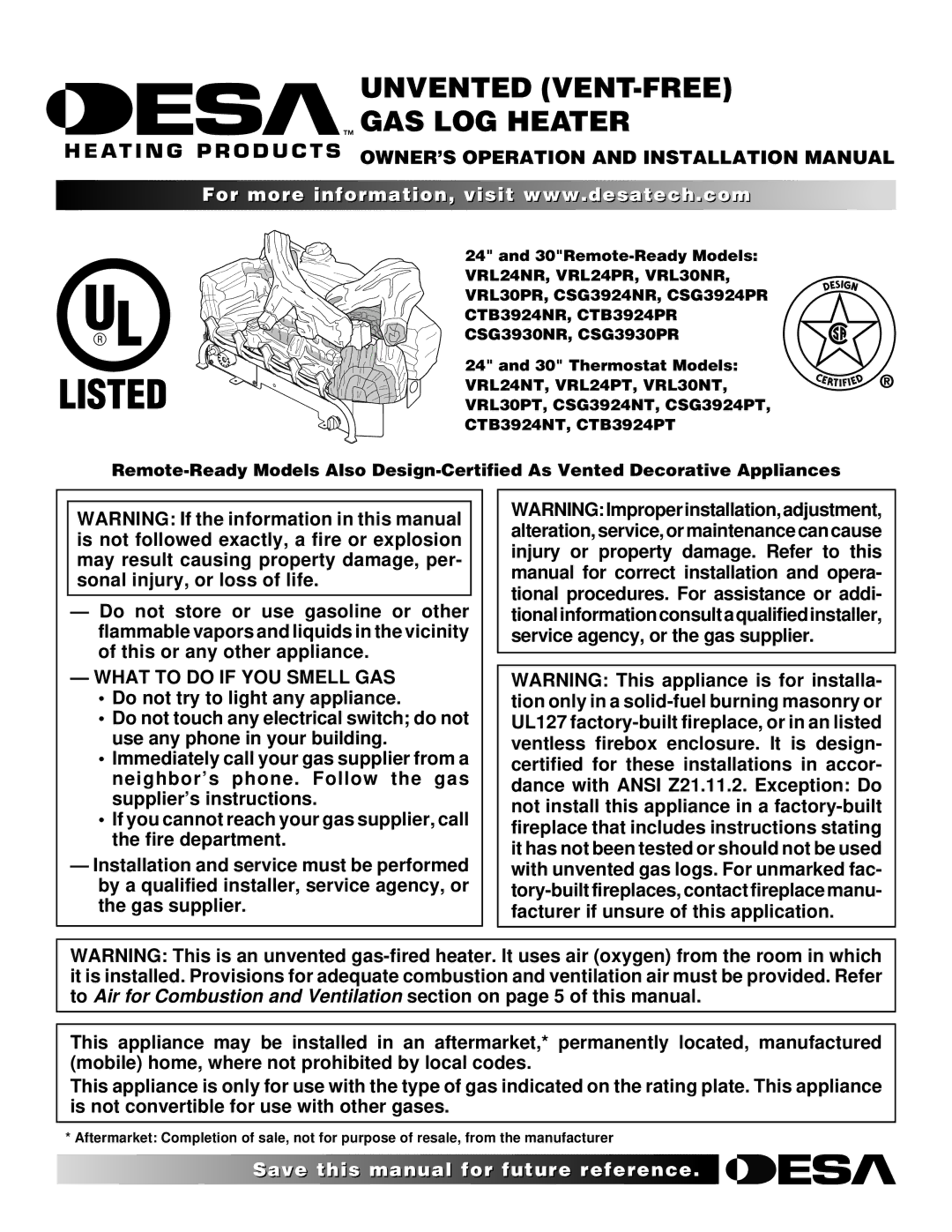 Desa CSG3930NR, CSG3930PR installation manual OWNER’S Operation and Installation Manual, What to do if YOU Smell GAS 