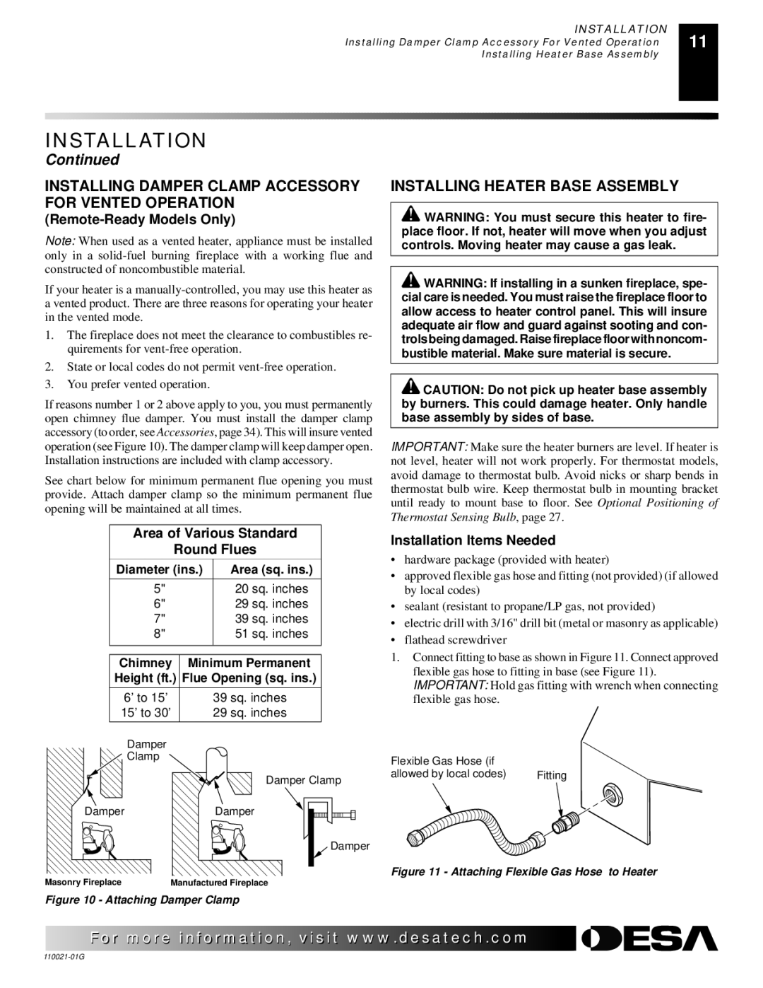 Desa CSG3930NR, CSG3930PR Installing Damper Clamp Accessory for Vented Operation, Installing Heater Base Assembly 