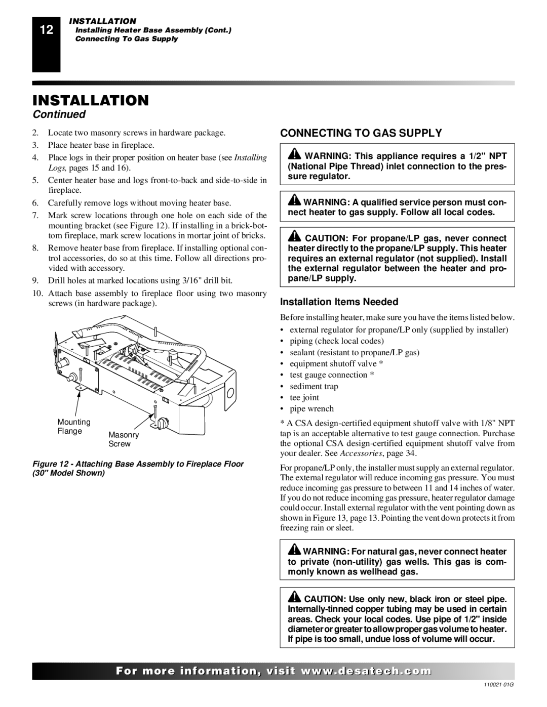 Desa CSG3930PR, CSG3930NR Connecting to GAS Supply, Attaching Base Assembly to Fireplace Floor 30 Model Shown 