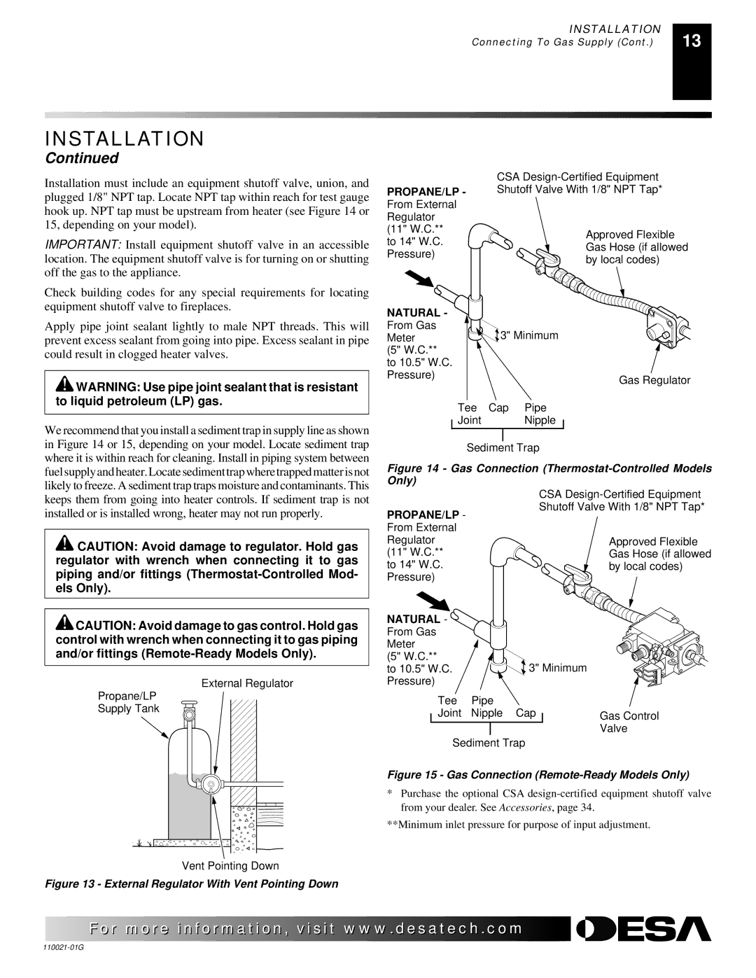 Desa CSG3930NR, CSG3930PR installation manual External Regulator With Vent Pointing Down 