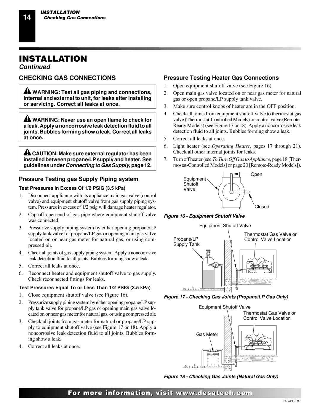 Desa CSG3930PR, CSG3930NR installation manual Checking GAS Connections, Pressure Testing gas Supply Piping system 