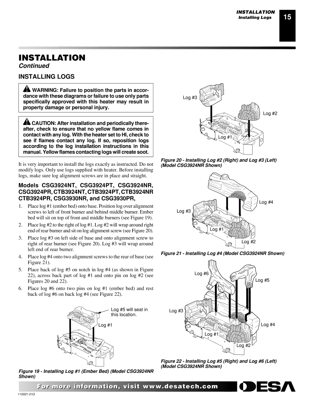 Desa CSG3930NR, CSG3930PR installation manual Installing Logs, Installing Log #4 Model CSG3924NR Shown 