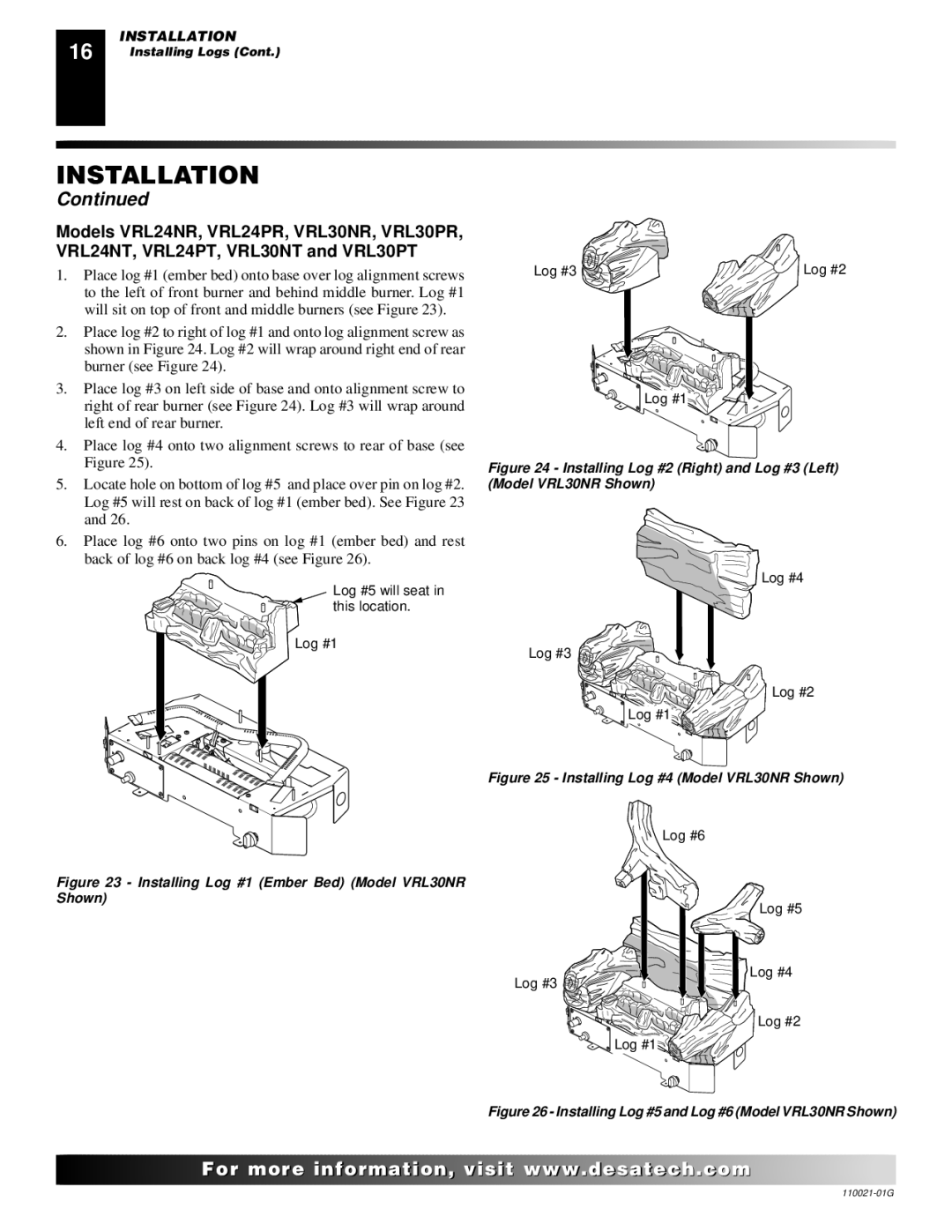 Desa CSG3930PR, CSG3930NR installation manual Installing Log #2 Right and Log #3 Left Model VRL30NR Shown 