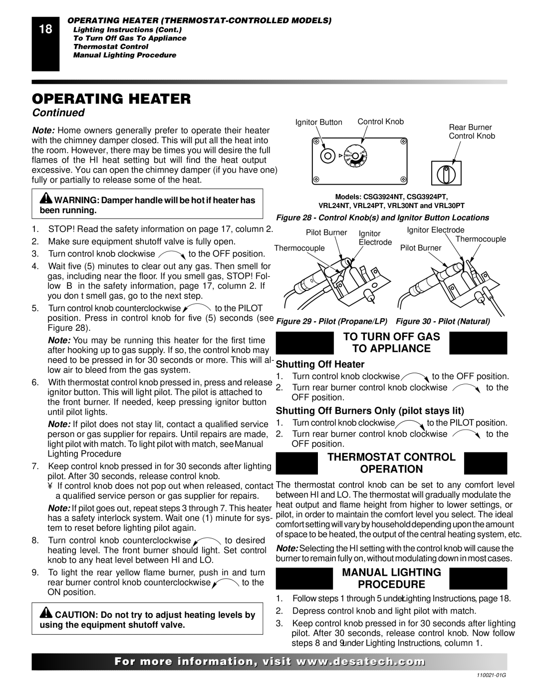 Desa CSG3930PR To Turn OFF GAS To Appliance, Thermostat Control Operation, Manual Lighting Procedure, Shutting Off Heater 