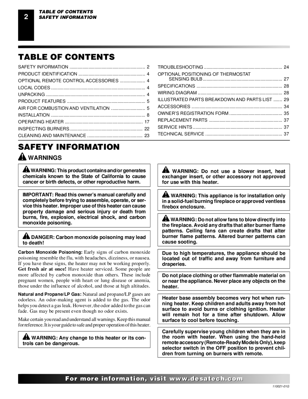 Desa CSG3930PR, CSG3930NR installation manual Table of Contents, Safety Information 