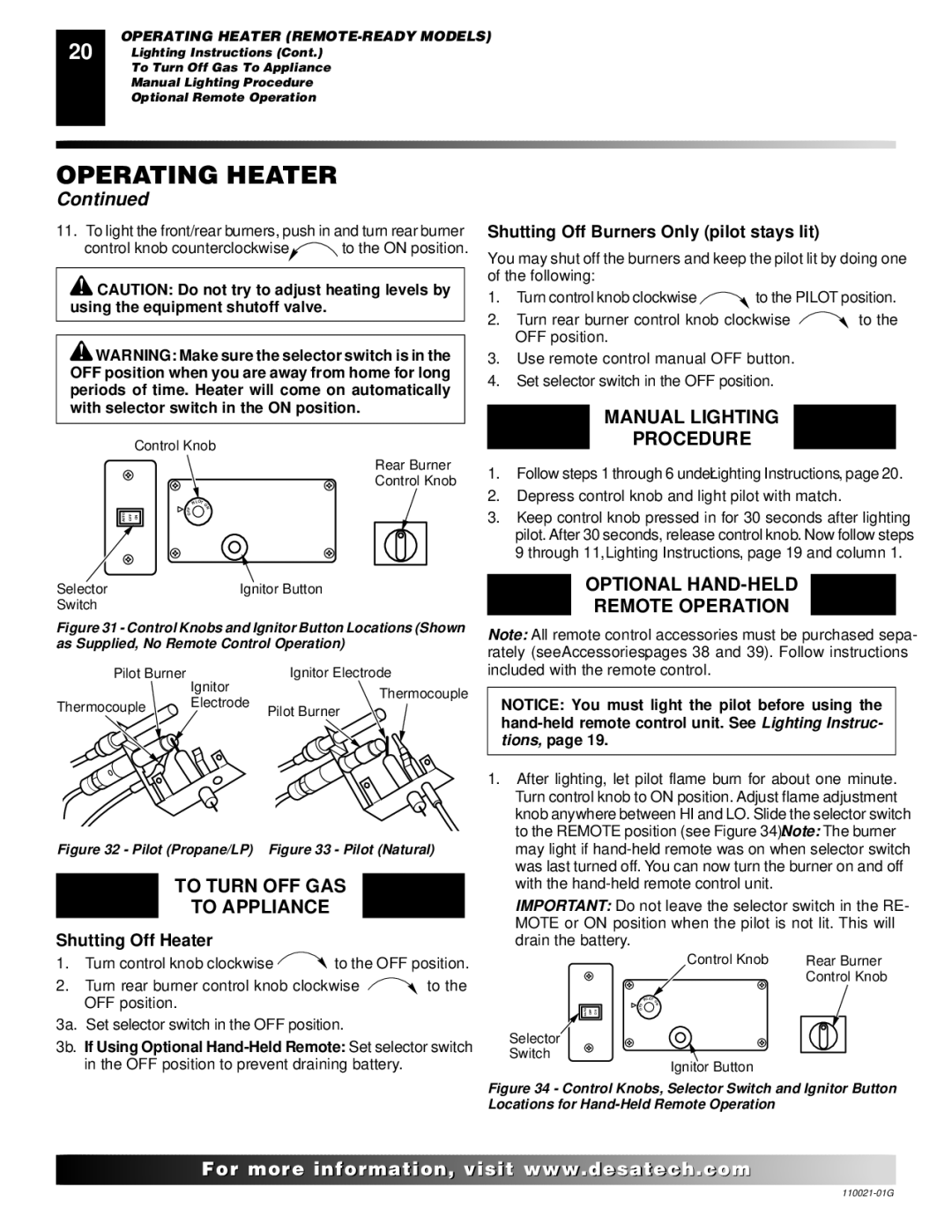 Desa CSG3930PR, CSG3930NR Optional HAND-HELD Remote Operation, Control Knobs and Ignitor Button Locations Shown 