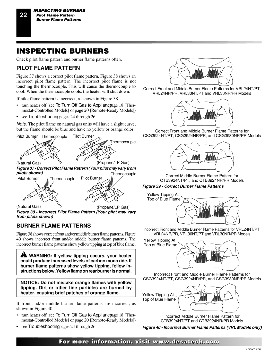 Desa CSG3930PR, CSG3930NR installation manual Inspecting Burners, Pilot Flame Pattern, Burner Flame Patterns 