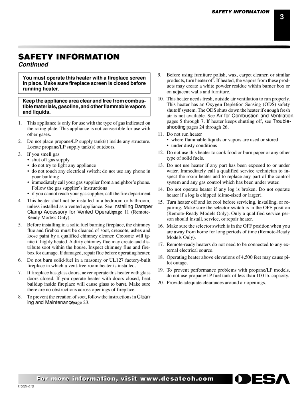 Desa CSG3930NR, CSG3930PR installation manual Safety Information 