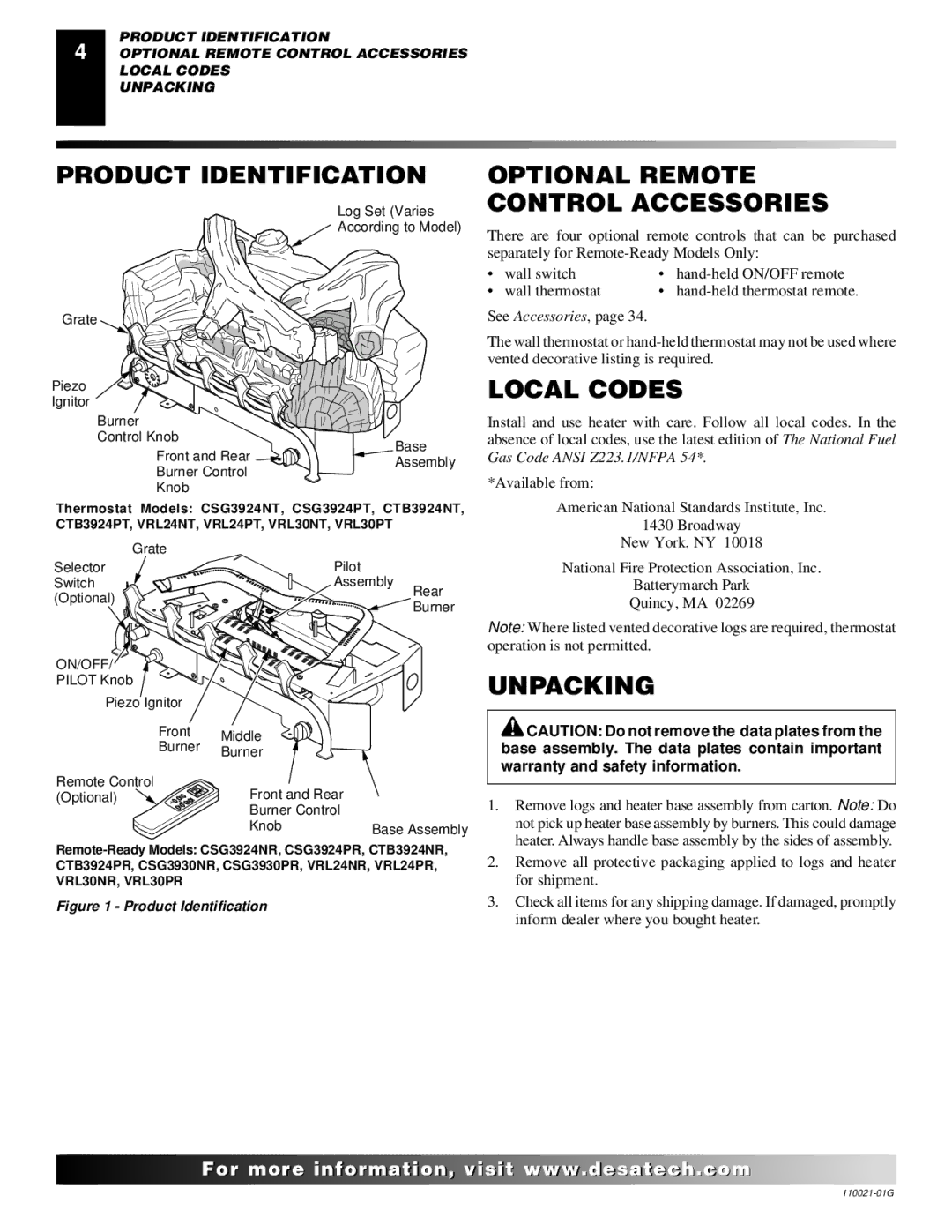 Desa CSG3930PR, CSG3930NR Product Identification, Optional Remote Control Accessories, Local Codes, Unpacking 