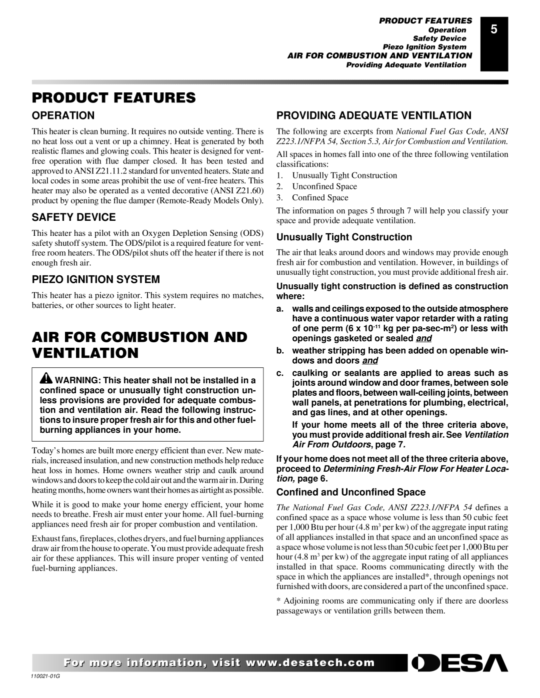 Desa CSG3930NR, CSG3930PR installation manual Product Features, AIR for Combustion and Ventilation 