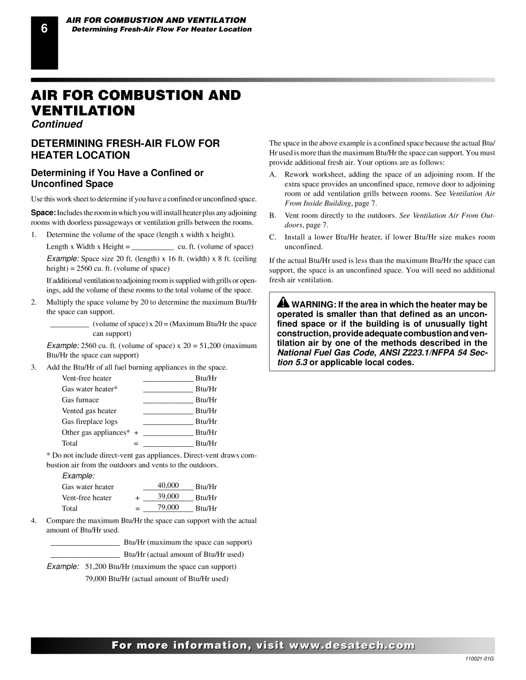 Desa CSG3930PR Determining FRESH-AIR Flow for Heater Location, Determining if You Have a Confined or Unconfined Space 