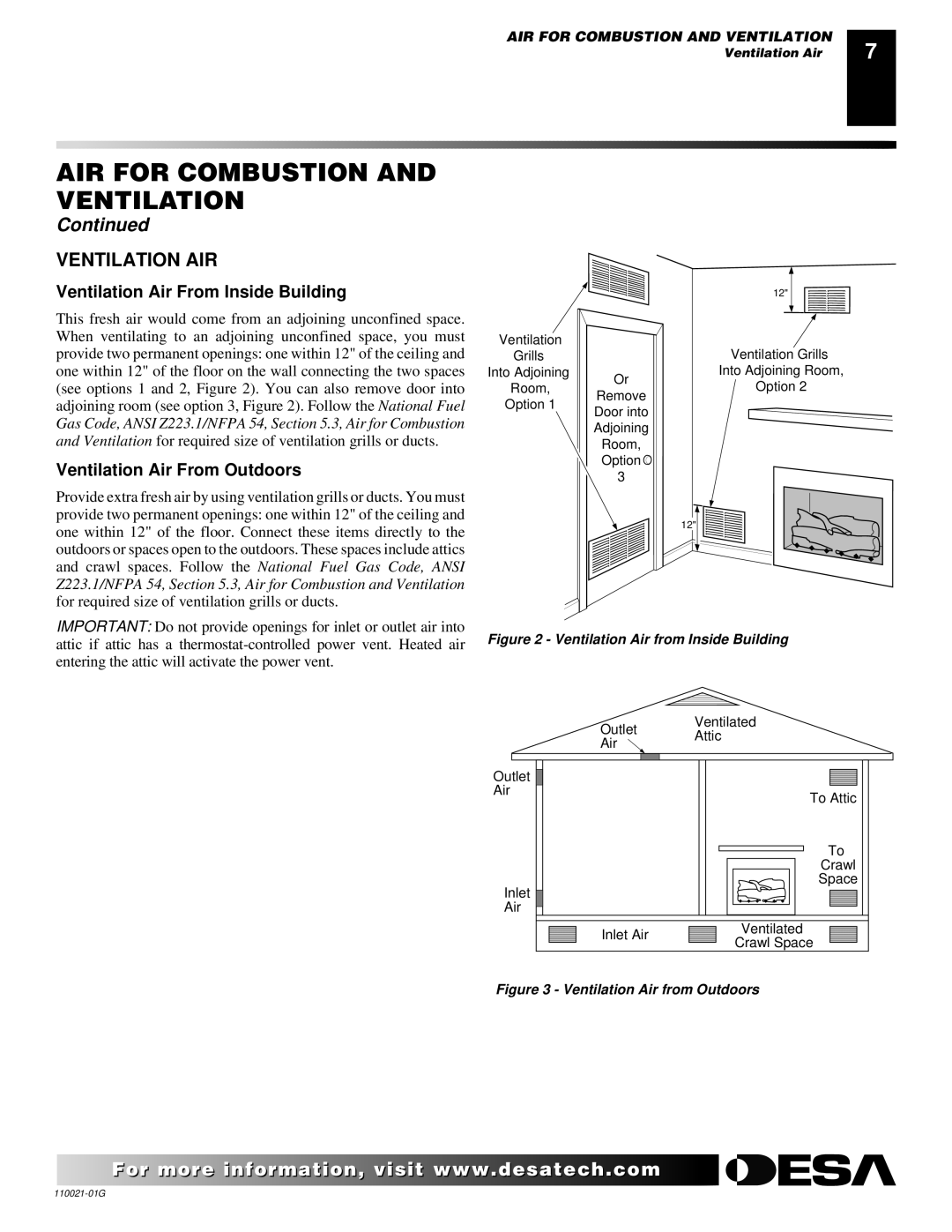 Desa CSG3930NR, CSG3930PR Ventilation AIR, Ventilation Air From Inside Building, Ventilation Air From Outdoors 