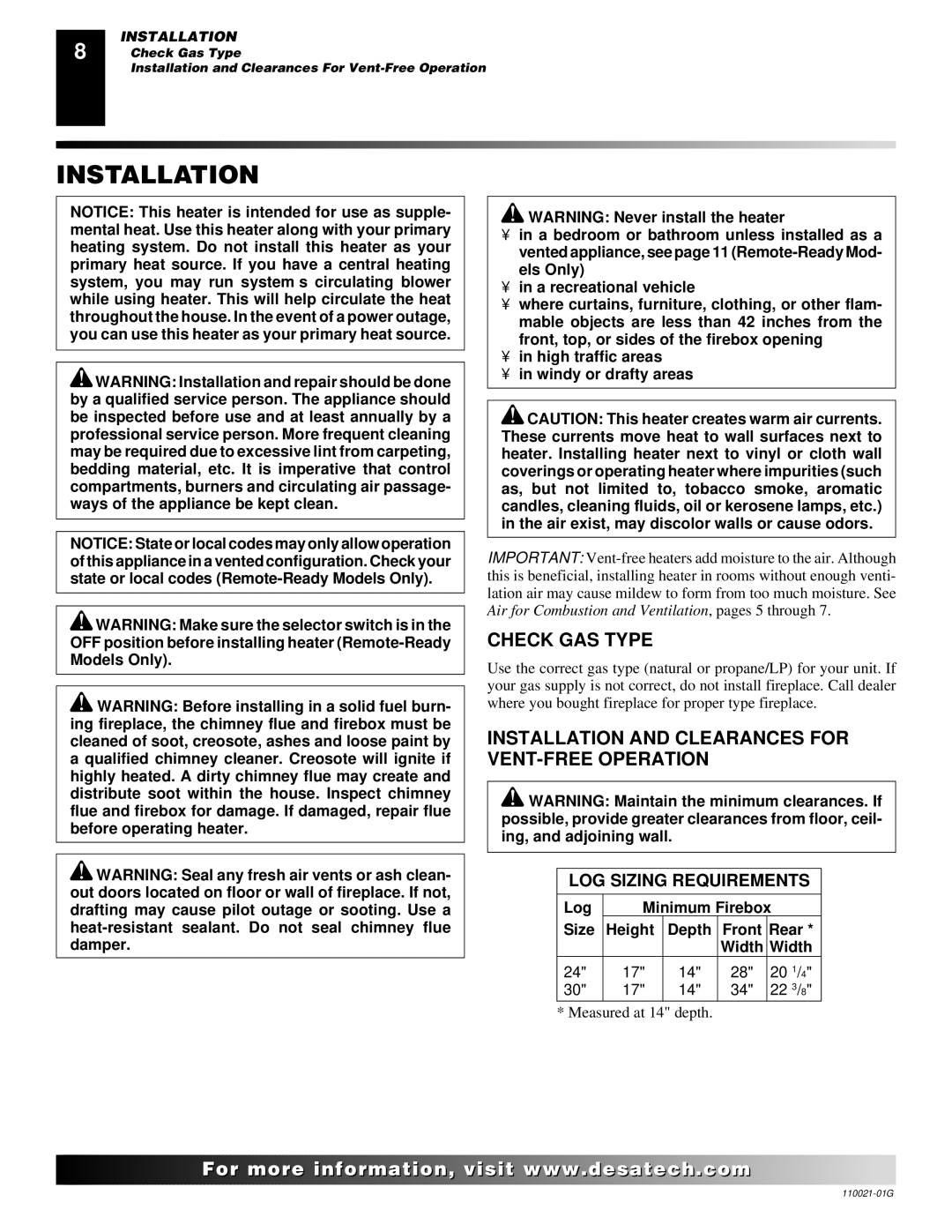 Desa CSG3930PR, CSG3930NR installation manual Check GAS Type, Installation and Clearances for VENT-FREE Operation 