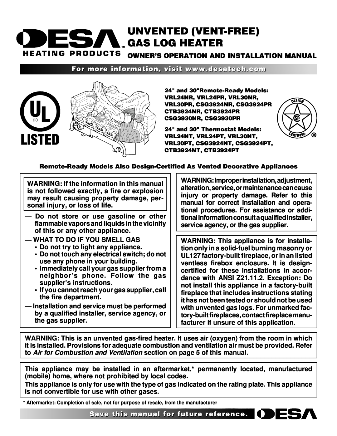 Desa CSG3930NR, CSG3930PR installation manual Owner’S Operation And Installation Manual, What To Do If You Smell Gas 