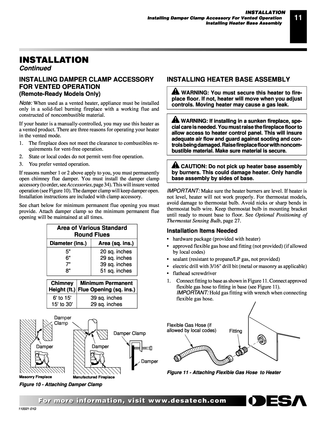 Desa CSG3930NR Installing Heater Base Assembly, Remote-ReadyModels Only, Area of Various Standard Round Flues, Continued 