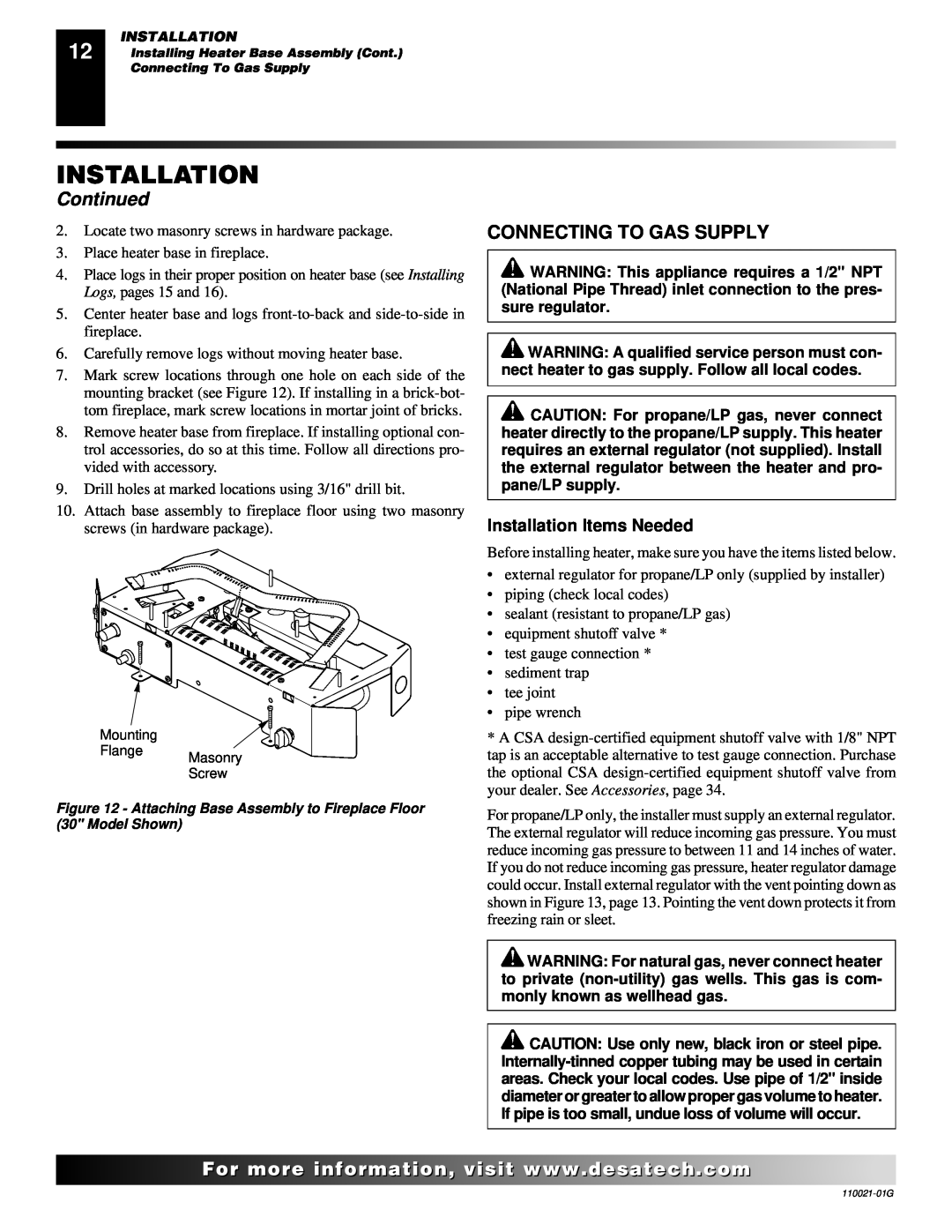 Desa CSG3930PR, CSG3930NR installation manual Connecting To Gas Supply, Continued, Installation Items Needed 