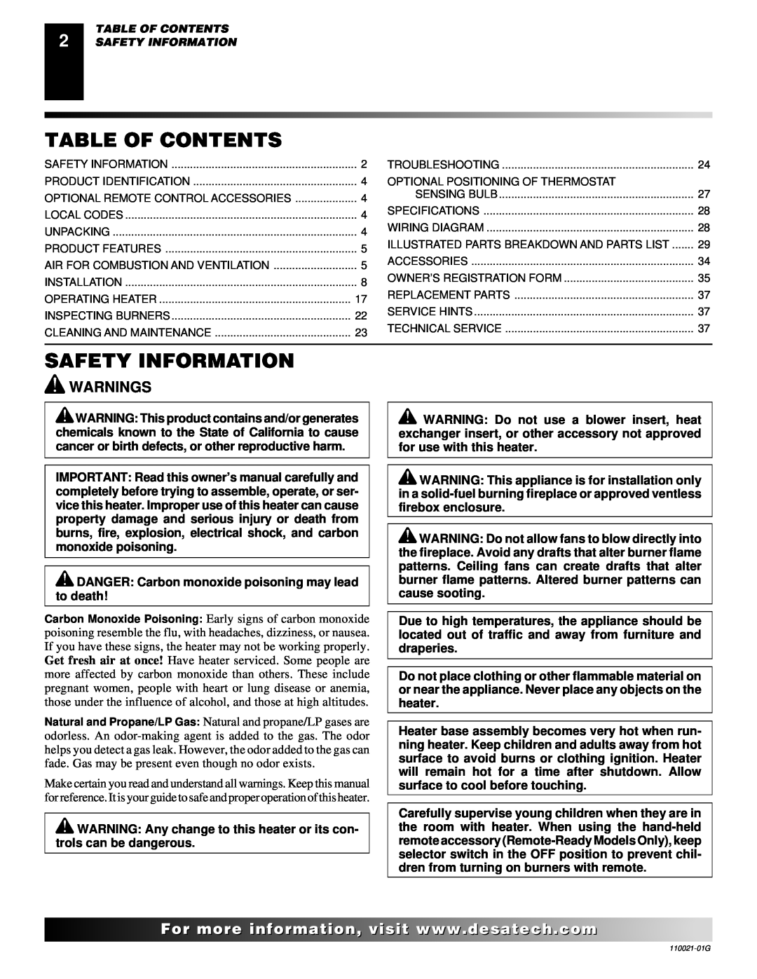 Desa CSG3930PR, CSG3930NR installation manual Table Of Contents, Safety Information, Warnings 
