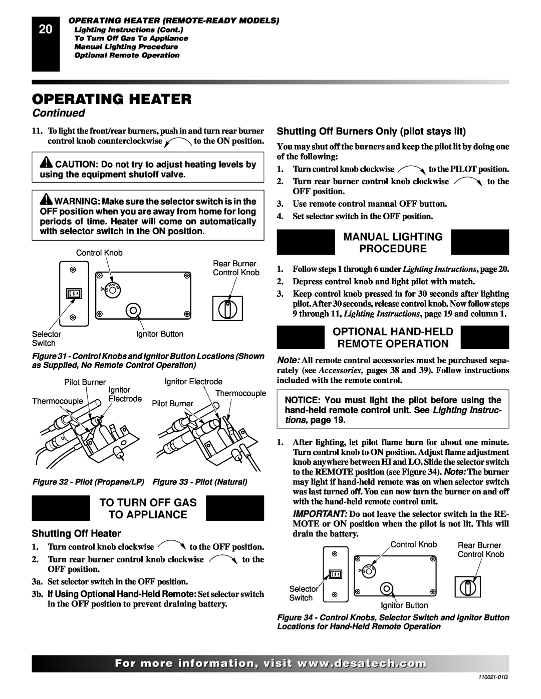 Desa CSG3930PR, CSG3930NR Optional Hand-Held Remote Operation, Operating Heater, Continued, To Turn Off Gas To Appliance 