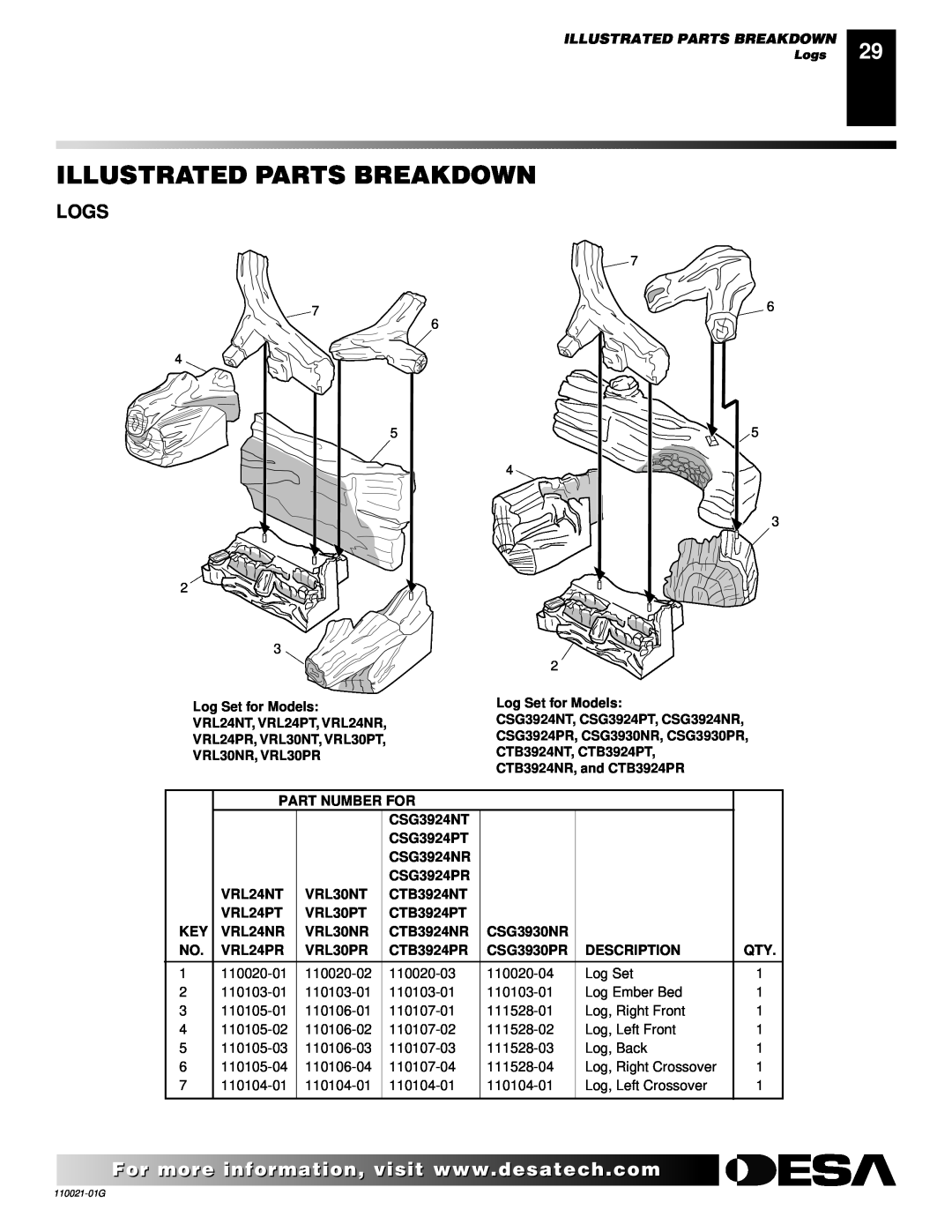 Desa CSG3930NR Illustrated Parts Breakdown, Logs, Log Set for Models, Part Number For, CSG3924NT, CSG3924PT, CSG3924NR 