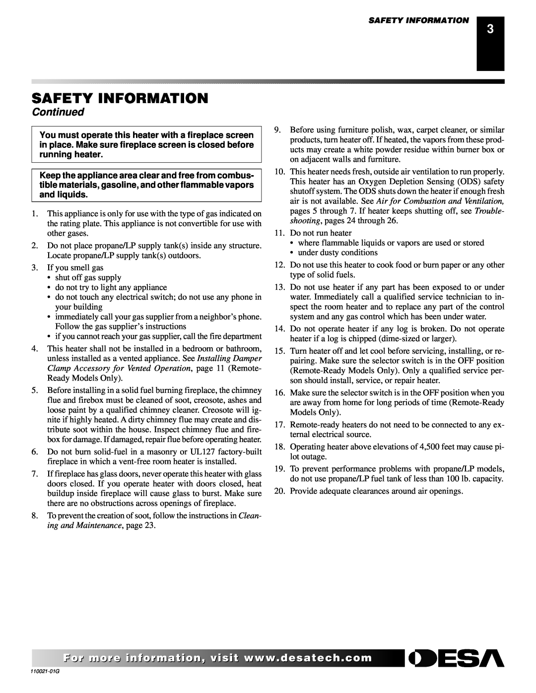 Desa CSG3930NR, CSG3930PR installation manual Continued, Safety Information 