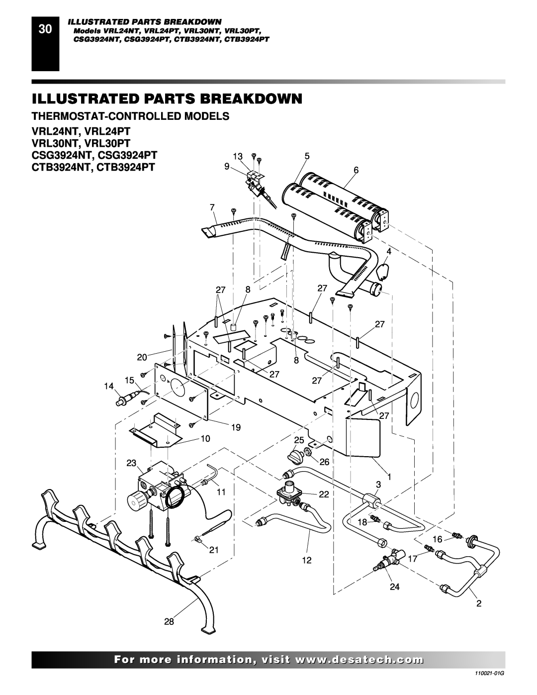 Desa CSG3930PR, CSG3930NR installation manual Thermostat-Controlledmodels, Illustrated Parts Breakdown 