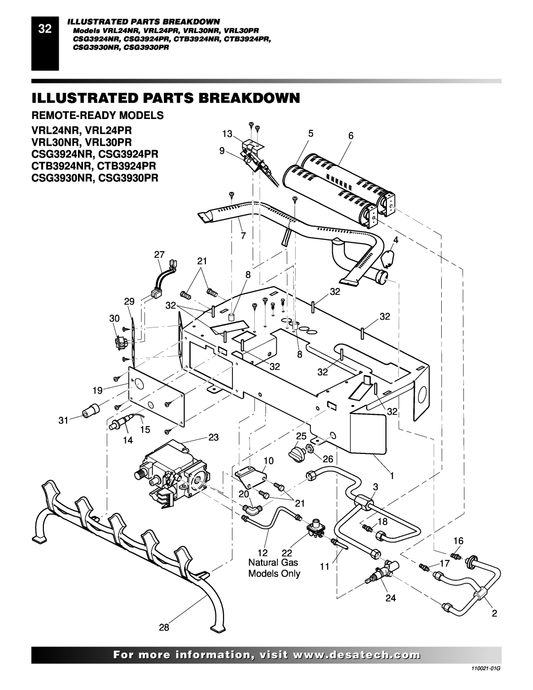 Desa CSG3930PR Remote-Readymodels, Illustrated Parts Breakdown, 21 8 32 32 8 32 32 32, Natural Gas, Models Only, To P 