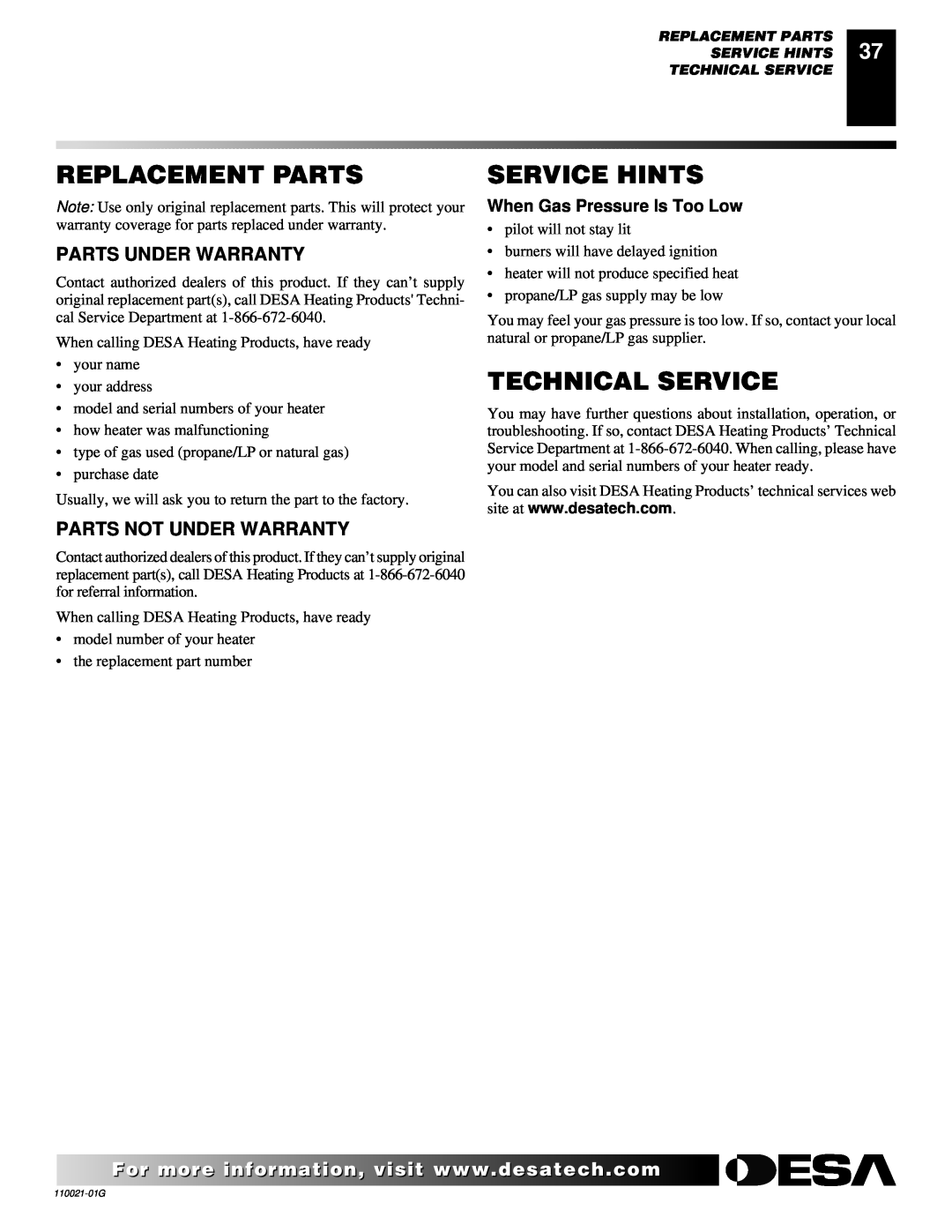 Desa CSG3930NR Replacement Parts, Service Hints, Technical Service, Parts Under Warranty, Parts Not Under Warranty 