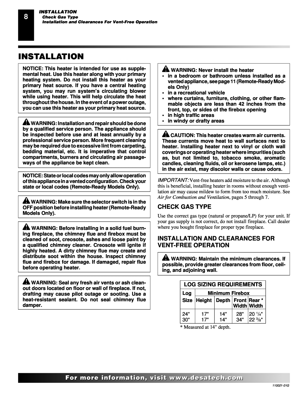 Desa CSG3930PR, CSG3930NR installation manual Installation, Check Gas Type, Log Sizing Requirements 