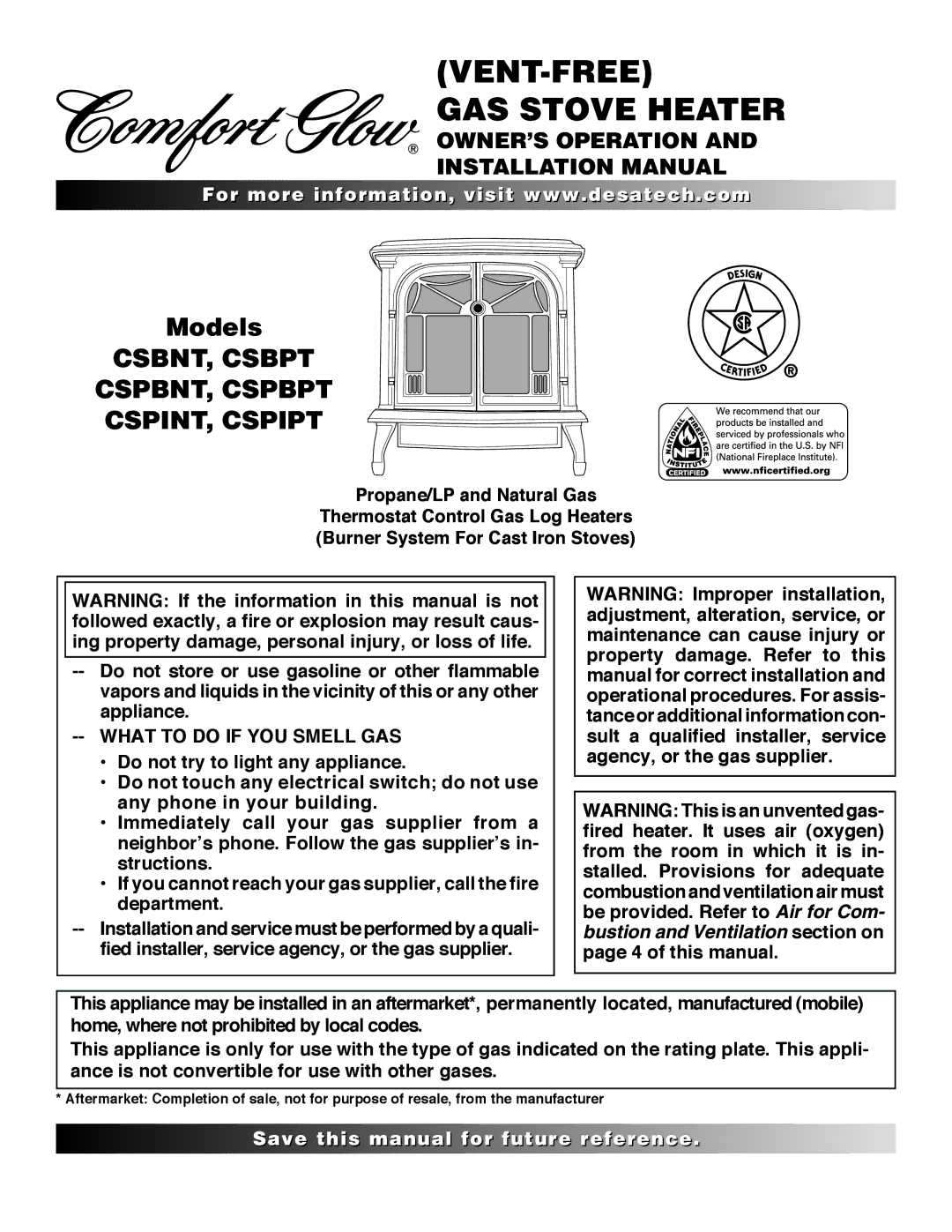 Desa CSPBPT CSPINT, CSPIPT installation manual CSBNT, Csbpt CSPBNT, Cspbpt CSPINT, Cspipt, What to do if YOU Smell GAS 